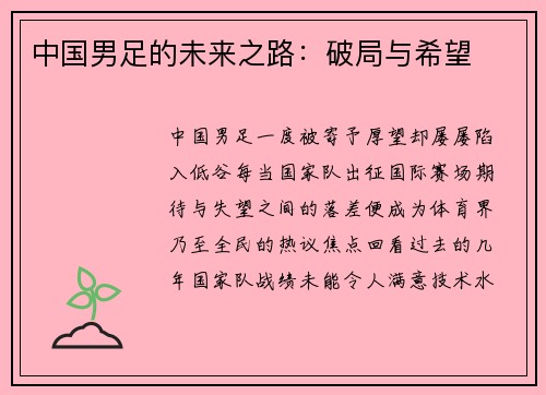 中国男足的未来之路：破局与希望