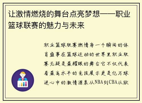 让激情燃烧的舞台点亮梦想——职业篮球联赛的魅力与未来
