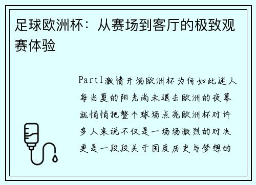 足球欧洲杯：从赛场到客厅的极致观赛体验
