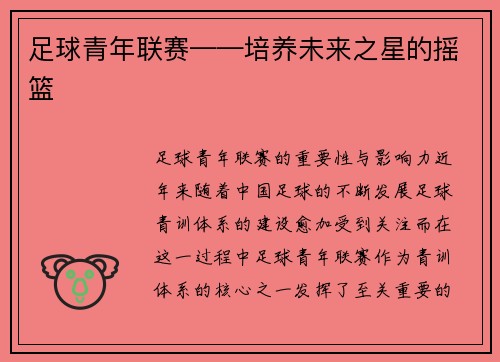 足球青年联赛——培养未来之星的摇篮
