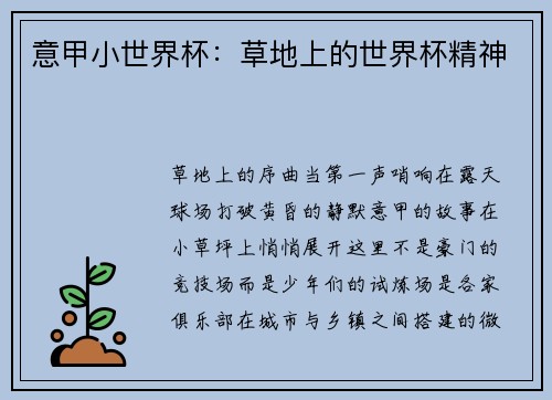 意甲小世界杯：草地上的世界杯精神